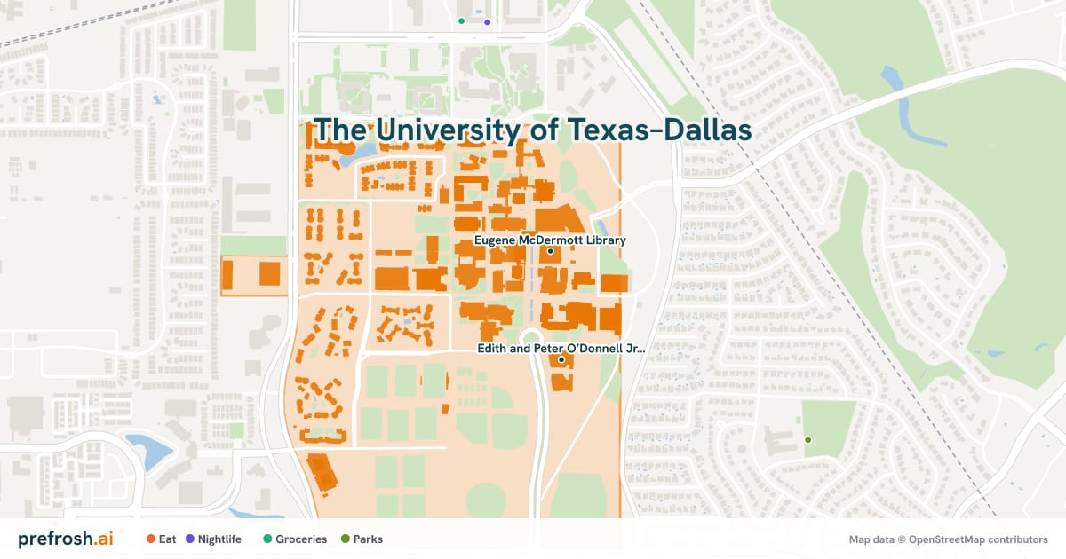 Campus map of The University of Texas–Dallas in Richardson, TX, showing Eugene McDermott Library and University of Texas at Dallas, with nearby restaurants, coffee and shops