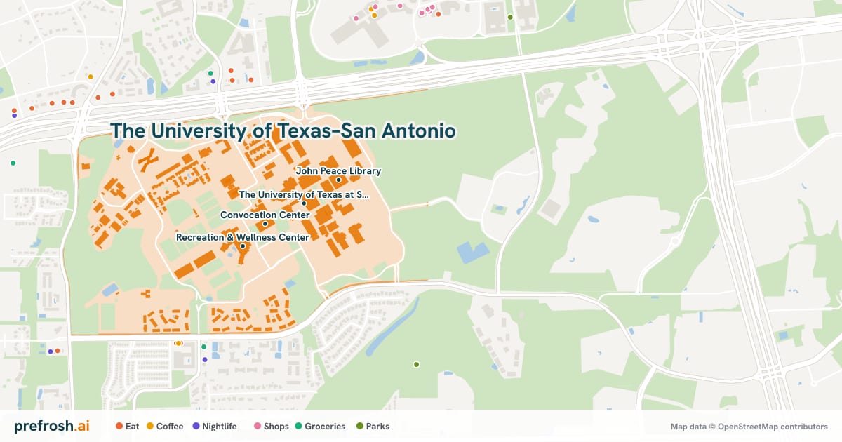 Campus map of The University of Texas–San Antonio in San Antonio, TX, showing Convocation Center, The University of Texas at San Antonio, Recreation & Wellness Center and Recital Hall, with nearby restaurants, coffee and shops