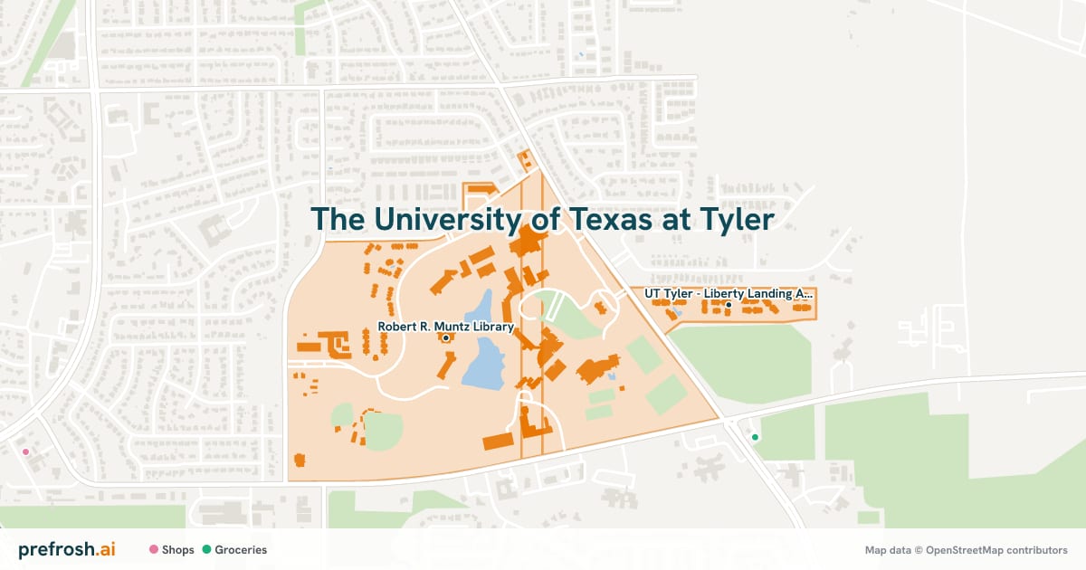 Campus map of The University of Texas at Tyler in Tyler, TX, showing R. Don Cowan Fine and Performing Arts Center and Cowan Center, with nearby restaurants, coffee and shops