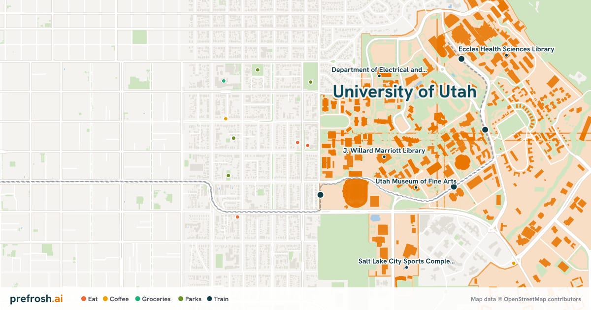 Campus map of University of Utah in Salt Lake City, UT, showing J. Willard Marriott Library, Utah Museum of Fine Arts, Rice-Eccles Stadium and Department of Electrical and Computer Engineering, with nearby restaurants, coffee and shops