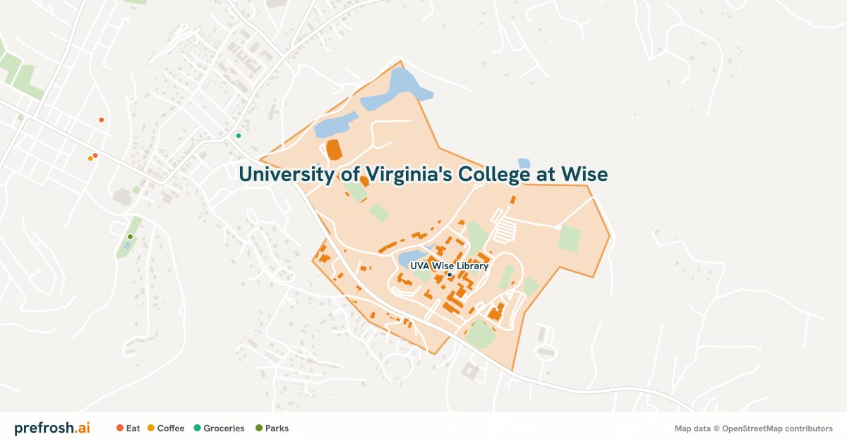 Campus map of University of Virginia's College at Wise in Wise, VA, showing UVA Wise Library, with nearby restaurants, coffee and shops