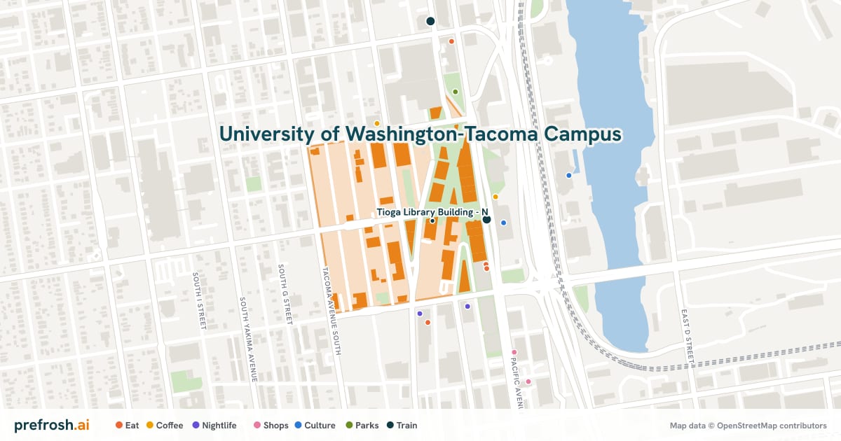 Campus map of University of Washington-Tacoma Campus in Tacoma, WA, showing Tioga Library Building - N, with nearby restaurants, coffee and shops