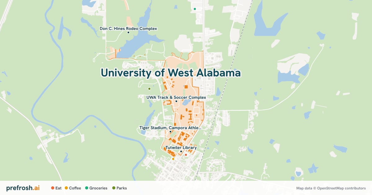 Campus map of University of West Alabama in Livingston, AL, showing UWA Track & Soccer Complex, UWA Amphitheater, Tiger Stadium, Campora Athletic Complex and Tutwiler Library, with nearby restaurants, coffee and shops