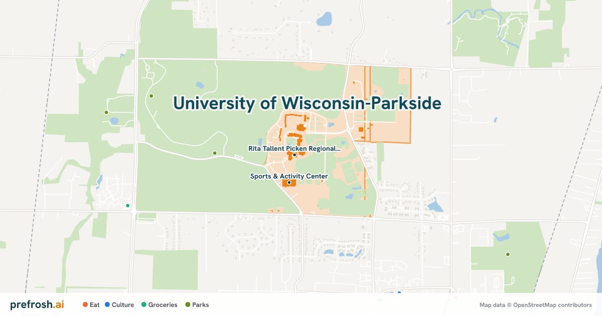 Campus map of University of Wisconsin-Parkside in Kenosha, WI, showing Rita Tallent Picken Regional Center for Arts and Humanities and Sports & Activity Center, with nearby restaurants, coffee and shops