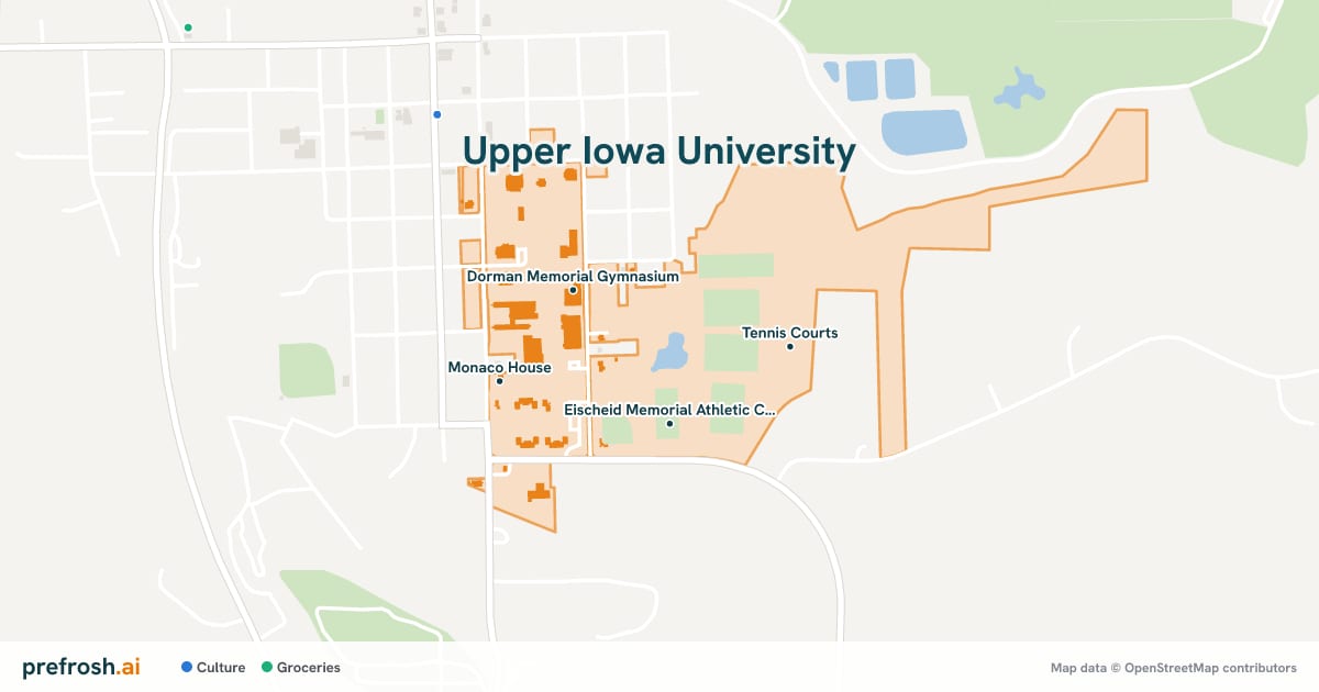 Campus map of Upper Iowa University in Fayette, IA, showing Eischeid Memorial Athletic Complex, Dorman Memorial Gymnasium, Tennis Courts and Monaco House, with nearby restaurants, coffee and shops