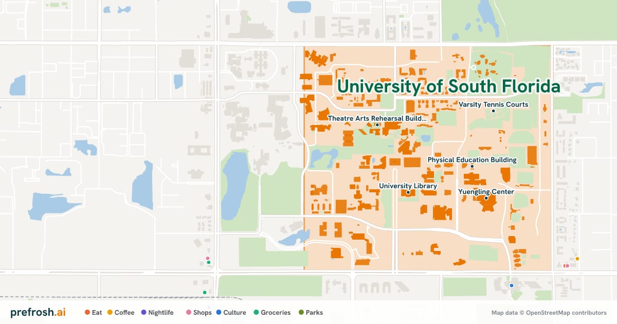 Campus map of University of South Florida in Tampa, FL, showing Physical Education Building, Recreation Center, University Library and Yuengling Center, with nearby restaurants, coffee and shops