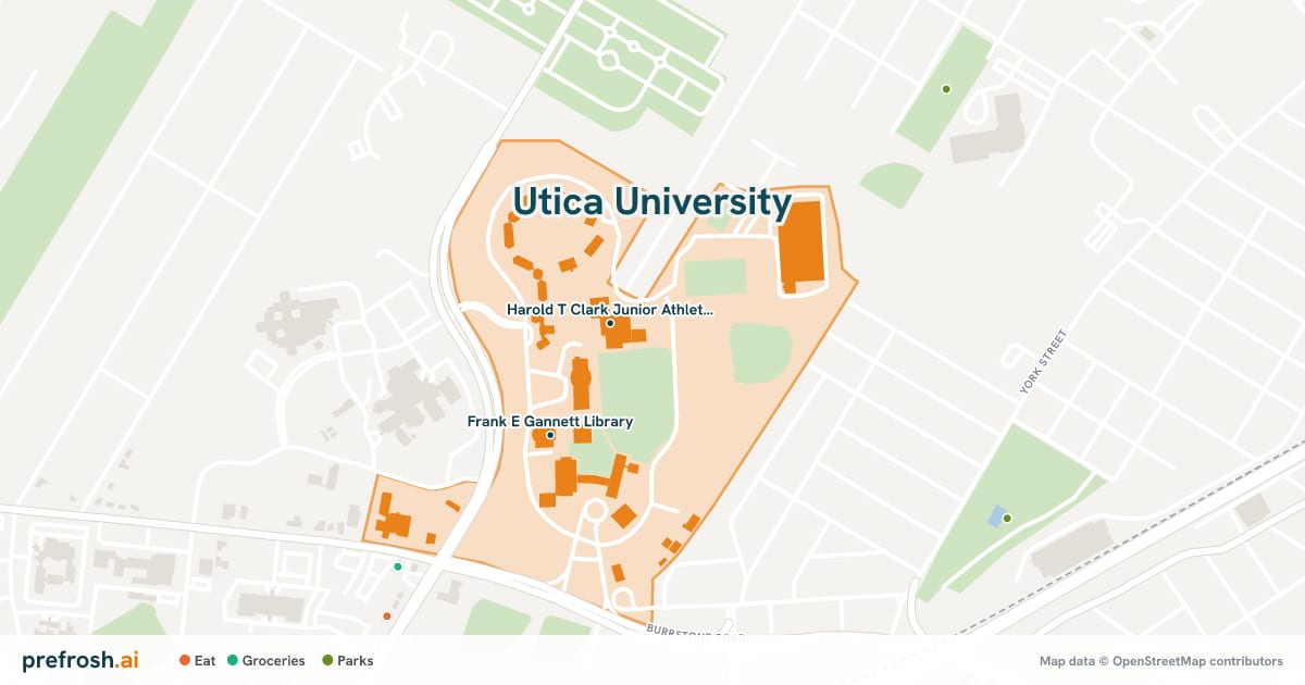 Campus map of Utica University in Utica, NY, showing Harold T Clark Junior Athletic Center and Frank E Gannett Library, with nearby restaurants, coffee and shops