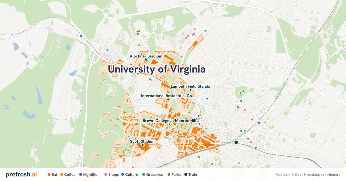 Campus map of University of Virginia in Charlottesville, VA, showing International Residential College, Lannigan Field, Palmer Park and Davenport Field at Disharoon Park, with nearby restaurants, coffee and shops