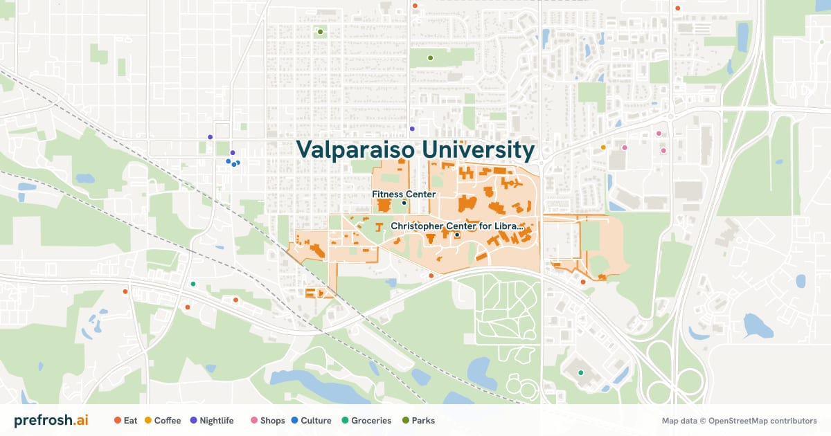 Campus map of Valparaiso University in Valparaiso, IN, showing Fitness Center and Athletics-Recreation Center, with nearby restaurants, coffee and shops