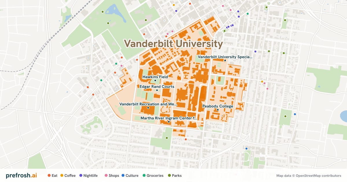 Campus map of Vanderbilt University in Nashville, TN, showing Edgar Rand Courts, Eskind Biomedical Library, Hawkins Field and Vanderbilt Recreation and Wellness Center, with nearby restaurants, coffee and shops