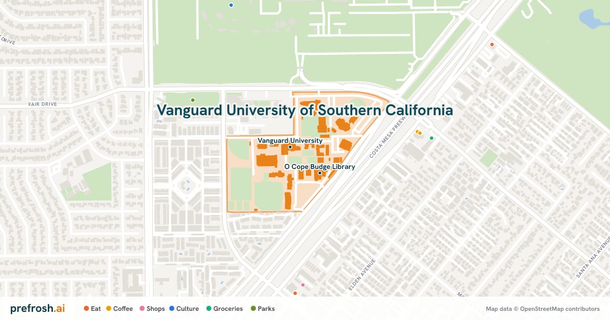 Campus map of Vanguard University of Southern California in Costa Mesa, CA, showing Vanguard University and O Cope Budge Library, with nearby restaurants, coffee and shops