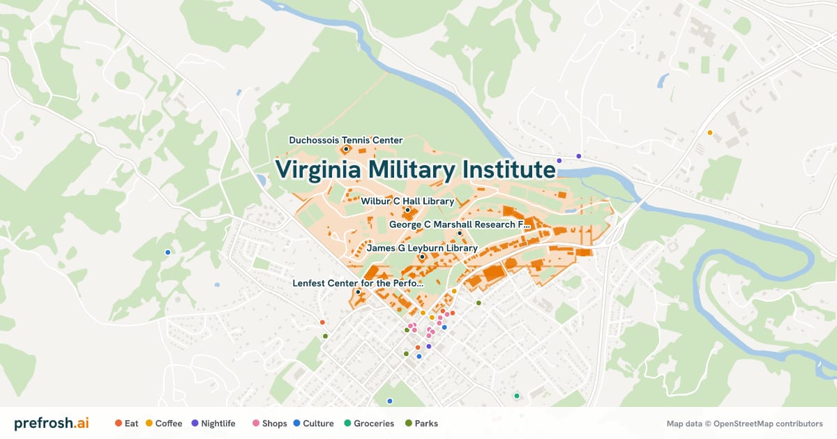 Campus map of Virginia Military Institute in Lexington, VA, showing Wilbur C Hall Library, James G Leyburn Library, George C Marshall Research Foundation Library and Gray-Minor Stadium, with nearby restaurants, coffee and shops