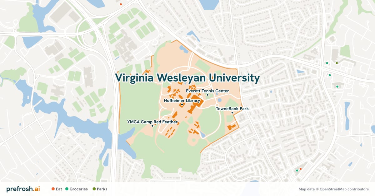 Campus map of Virginia Wesleyan University in Virginia Beach, VA, showing Hofheimer Library, Everett Tennis Center, Hofheimer Theater and Alpine Climbing Tower, with nearby restaurants, coffee and shops