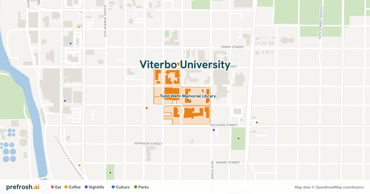 Campus map of Viterbo University in La Crosse, WI, showing Todd Wehr Memorial Library, with nearby restaurants, coffee and shops