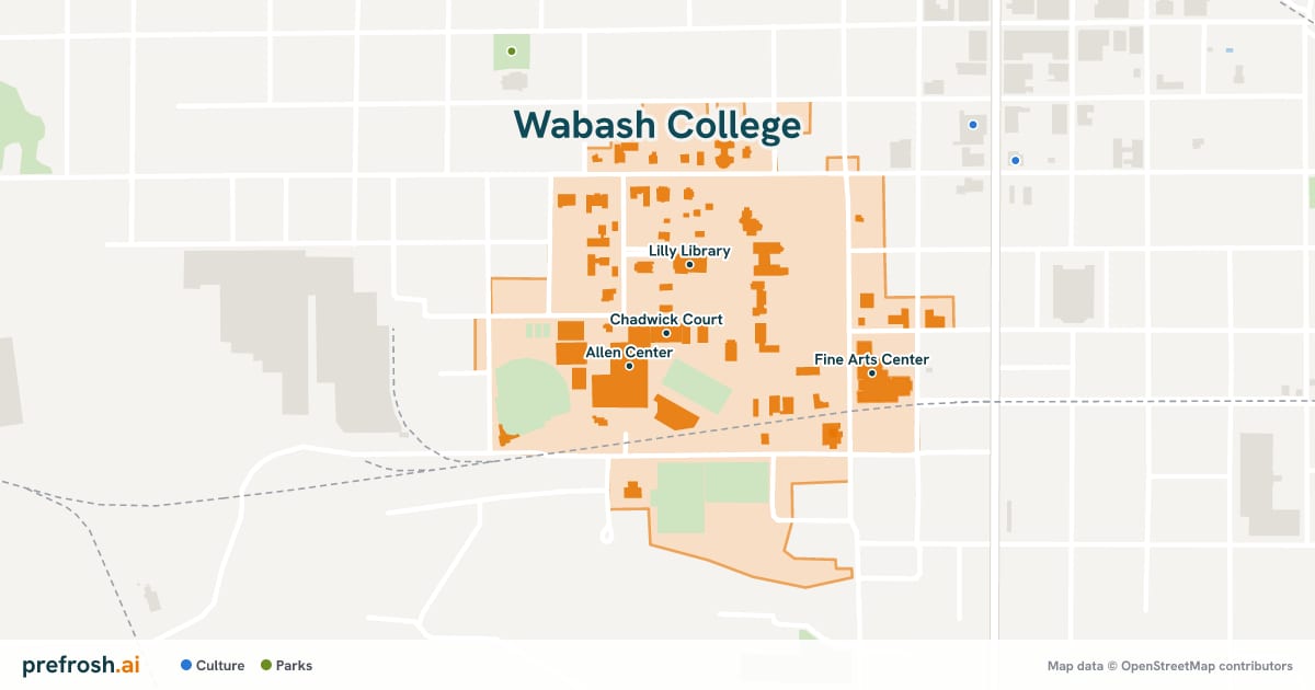 Campus map of Wabash College in Crawfordsville, IN, showing Chadwick Court, Allen Center, Shelbourne Wrestling Center and Collett Indoor Tennis Center, with nearby restaurants, coffee and shops