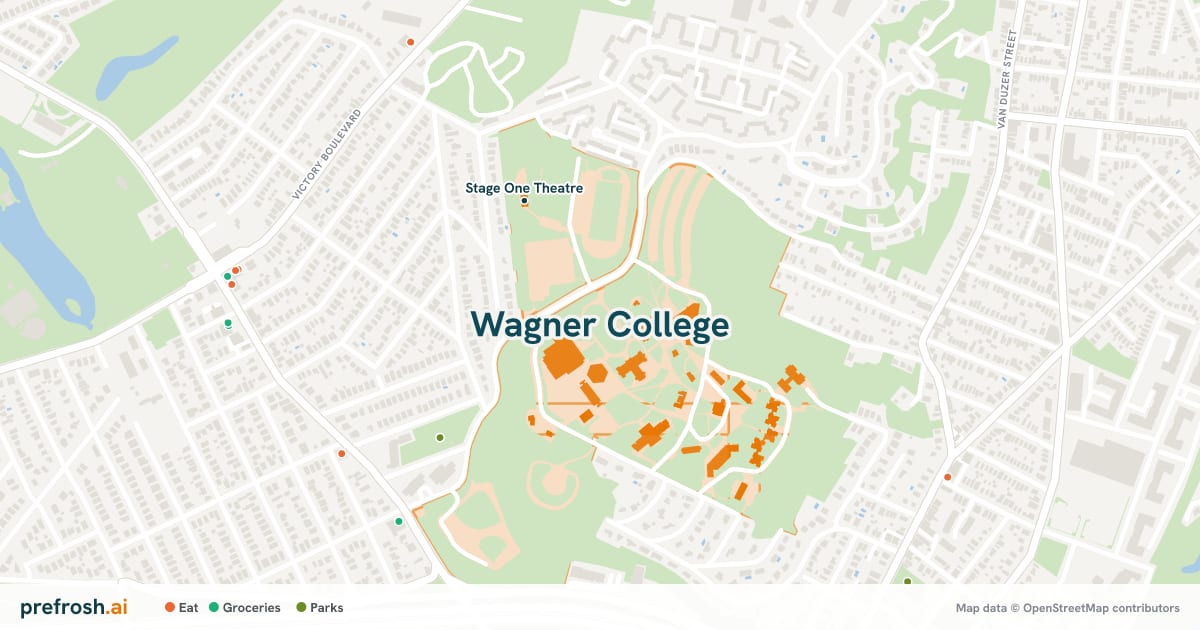 Campus map of Wagner College in Staten Island, NY, showing Horrmann Library, with nearby restaurants, coffee and shops
