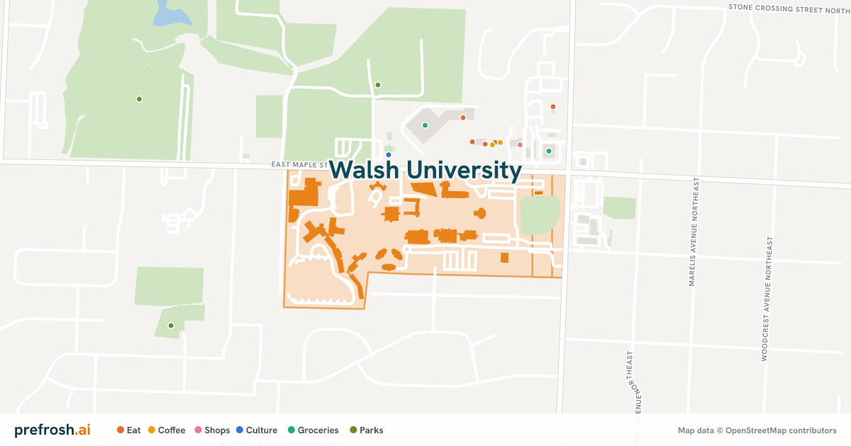 Campus map of Walsh University in North Canton, OH, with nearby restaurants, coffee and shops