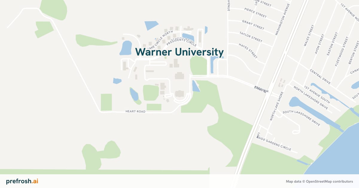 Campus map of Warner University in Lake Wales, FL, with nearby restaurants, coffee and shops