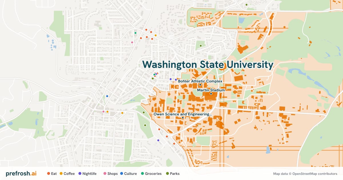 Campus map of Washington State University in Pullman, WA, showing Martin Stadium, Bohler Athletic Complex and Physical Education Building, with nearby restaurants, coffee and shops