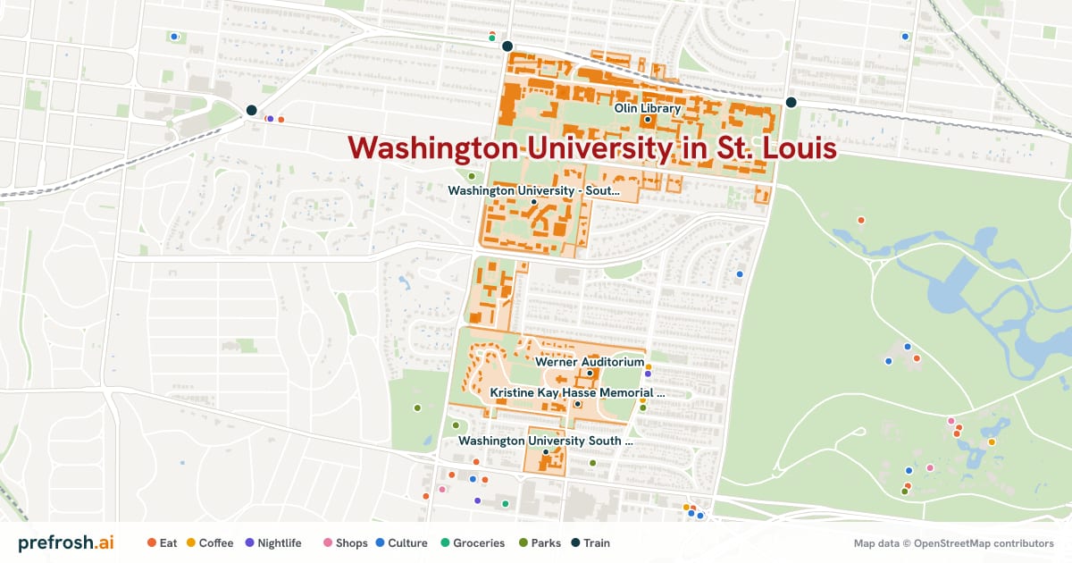 Campus map of Washington University in St. Louis in St. Louis, MO, showing Werner Auditorium, Washington University - South 40, Concordia Seminary and Gaylord Music Library, with nearby restaurants, coffee and shops