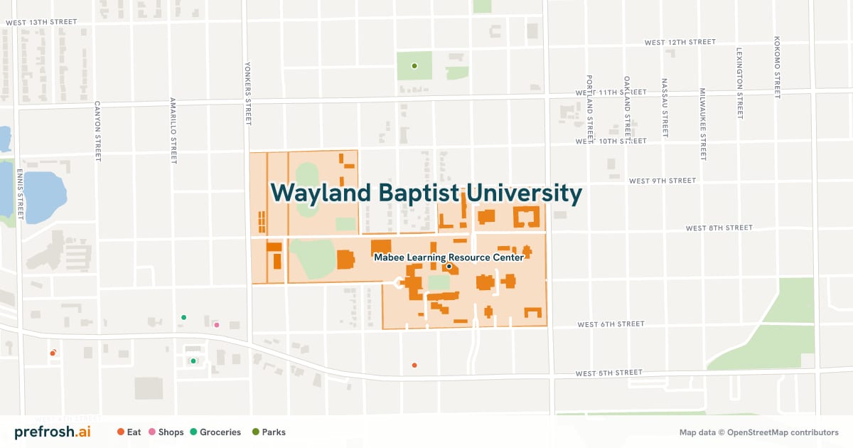 Campus map of Wayland Baptist University in Plainview, TX, showing Mabee Learning Resource Center, with nearby restaurants, coffee and shops