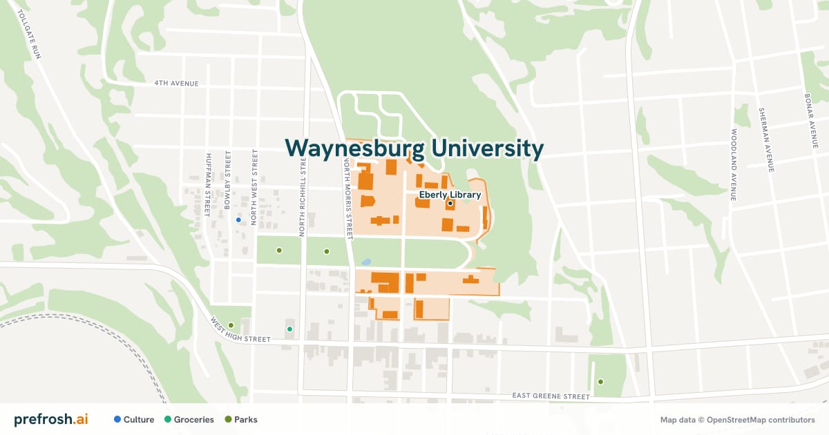 Campus map of Waynesburg University in Waynesburg, PA, showing Eberly Library, with nearby restaurants, coffee and shops