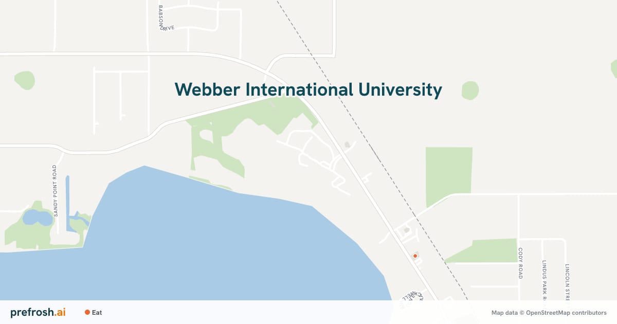 Campus map of Webber International University in Babson Park, FL, with nearby restaurants, coffee and shops