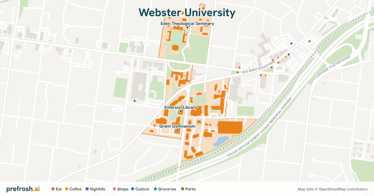 Campus map of Webster University in Saint Louis, MO, showing Emerson Library, Loretto-Hilton Center for the Performing Arts and Grant Gymnasium, with nearby restaurants, coffee and shops