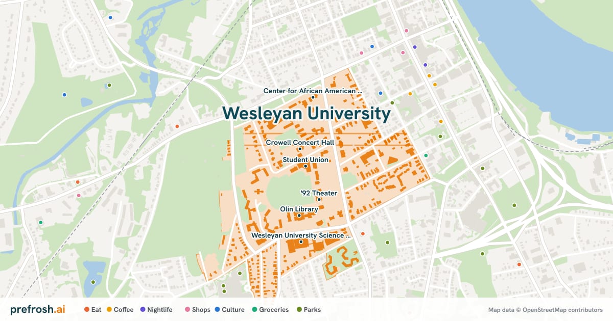 Campus map of Wesleyan University in Middletown, CT, showing Student Union, Crowell Concert Hall, Music Studios and '92 Theater, with nearby restaurants, coffee and shops