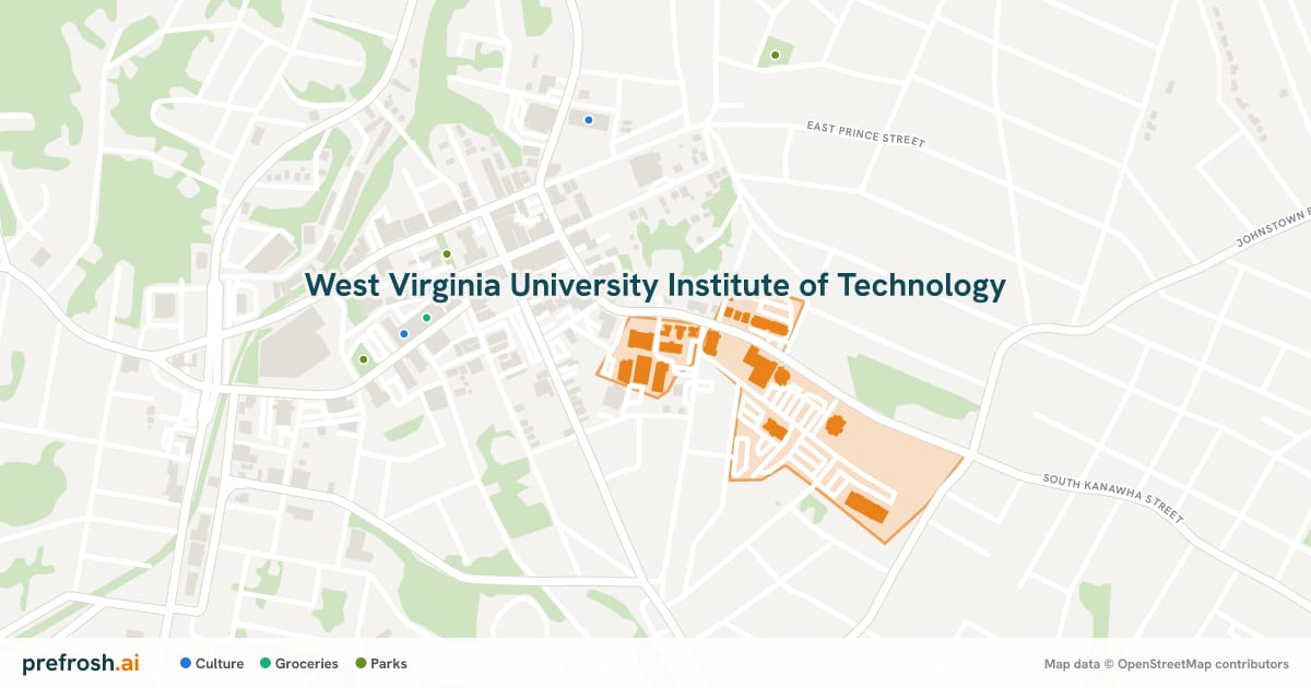 Campus map of West Virginia University Institute of Technology in Beckley, WV, with nearby restaurants, coffee and shops