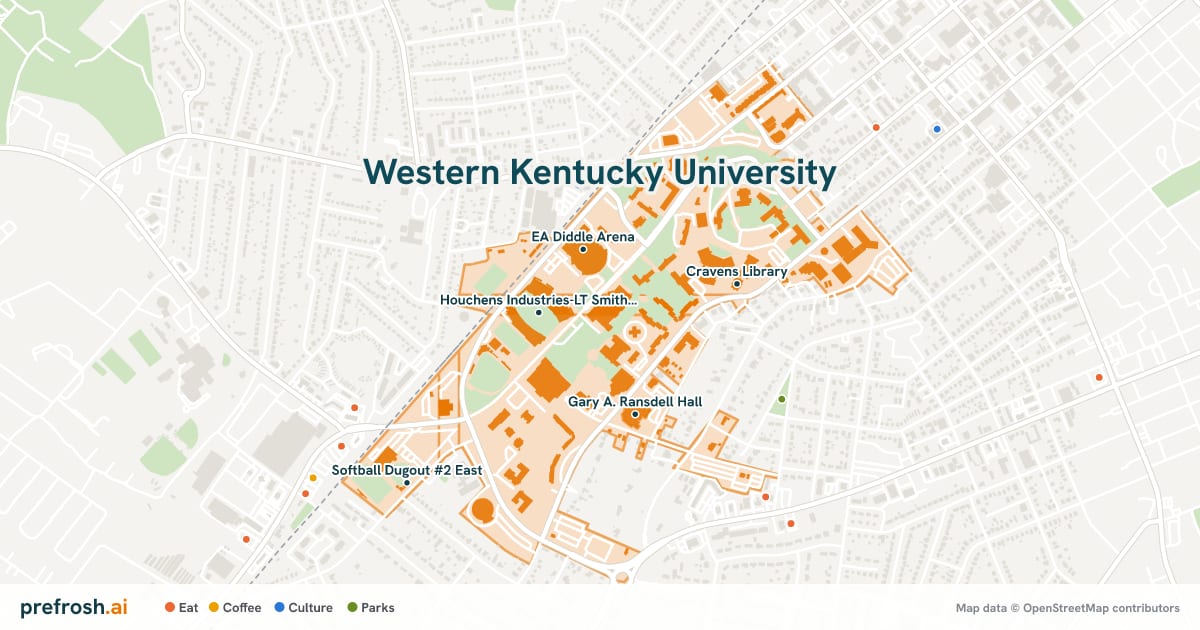 Campus map of Western Kentucky University in Bowling Green, KY, showing Houchens Industries-LT Smith Stadium, EA Diddle Arena, Gary A. Ransdell Hall and Cravens Library, with nearby restaurants, coffee and shops