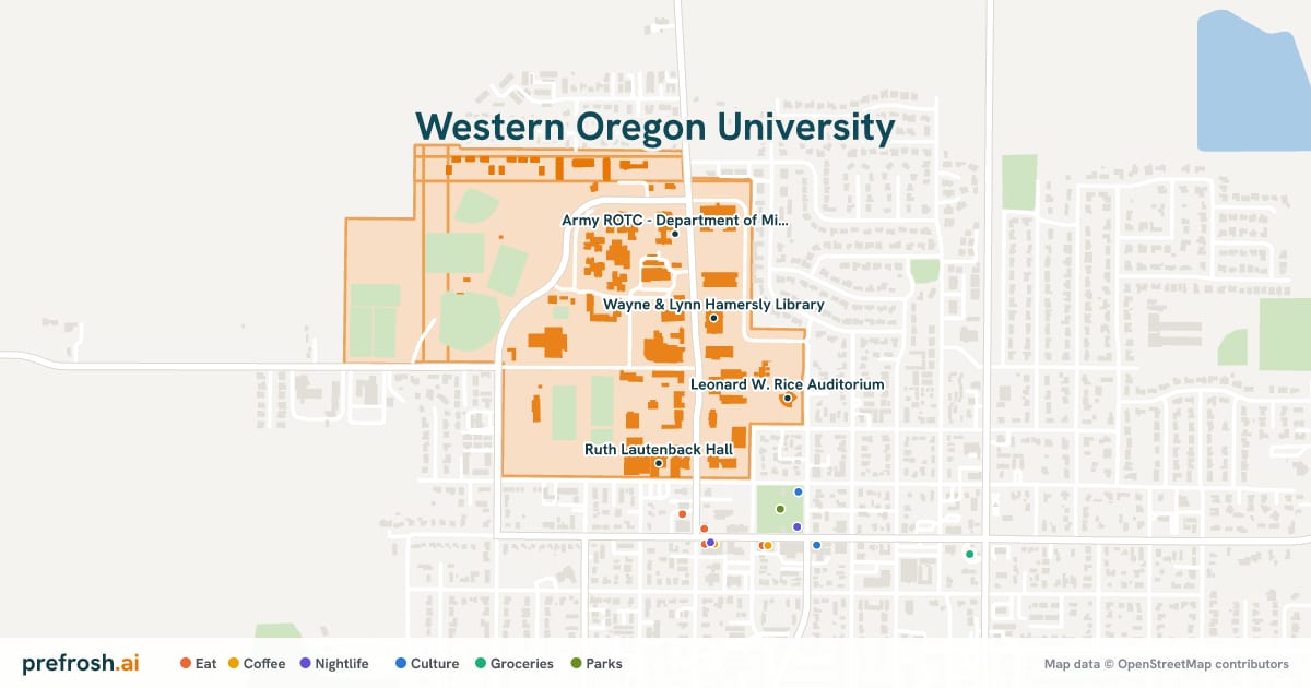 Campus map of Western Oregon University in Monmouth, OR, showing Wayne & Lynn Hamersly Library, New Physical Education Building, Army ROTC - Department of Military Science and Ruth Lautenback Hall, with nearby restaurants, coffee and shops