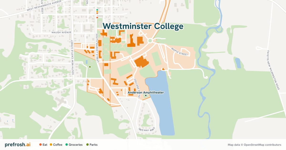 Campus map of Westminster College in New Wilmington, PA, showing Anderson Amphitheater, with nearby restaurants, coffee and shops