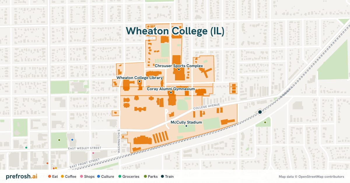 Campus map of Wheaton College (IL) in Wheaton, IL, showing Coray Alumni Gymnasium, Wheaton College, Chrouser Sports Complex and Wheaton College Arena Theater, with nearby restaurants, coffee and shops