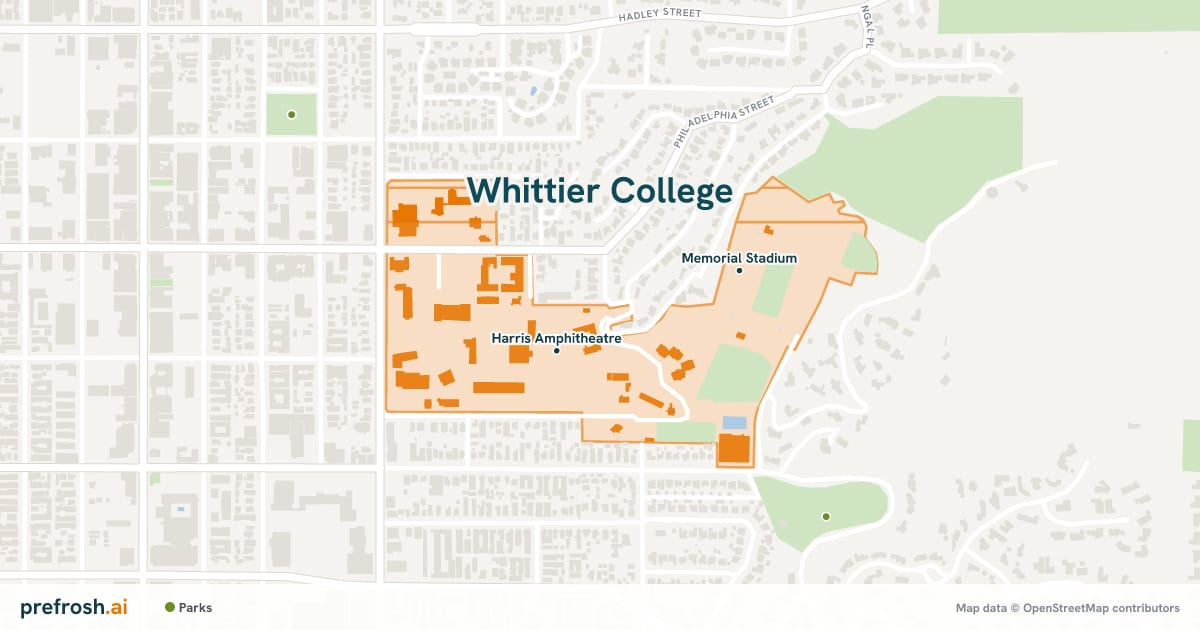 Campus map of Whittier College in Whittier, CA, showing Harris Amphitheatre and Memorial Stadium, with nearby restaurants, coffee and shops