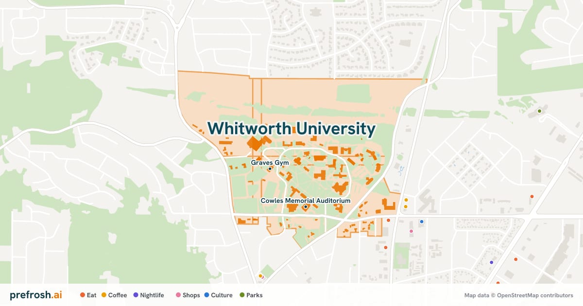 Campus map of Whitworth University in Spokane, WA, showing Recreation Center and Graves Gym, with nearby restaurants, coffee and shops