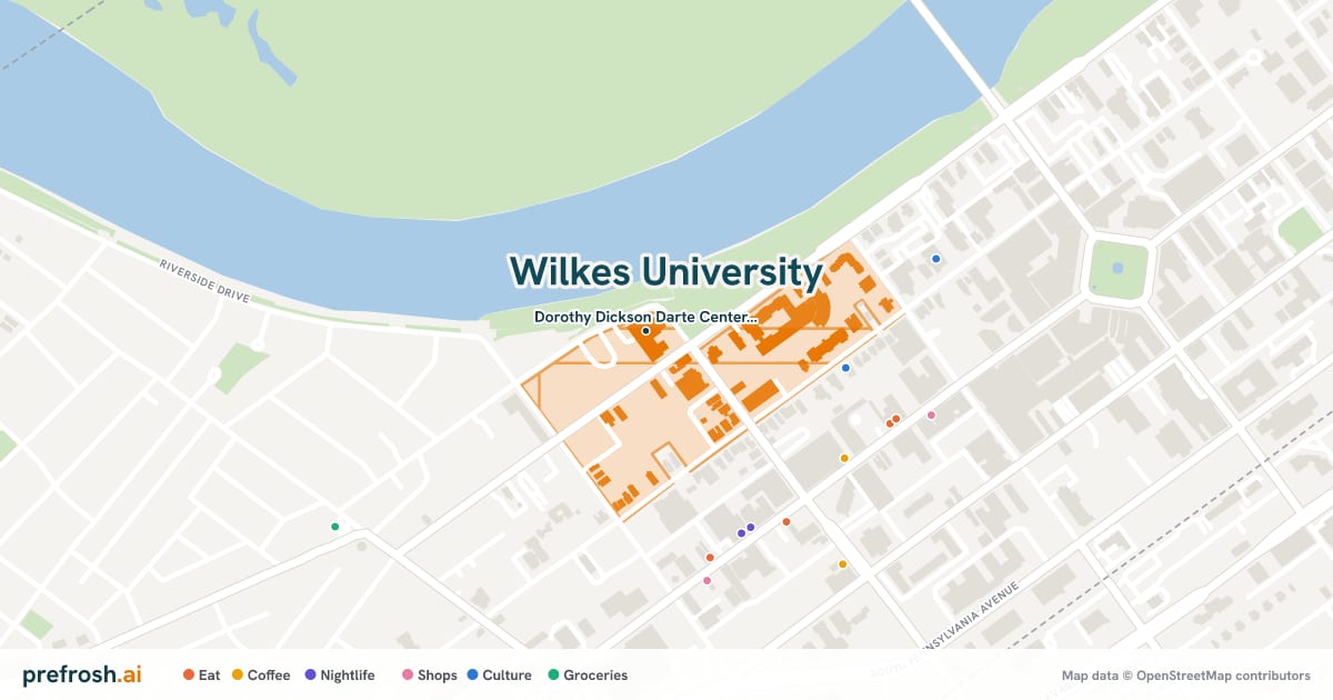 Campus map of Wilkes University in Wilkes-Barre, PA, showing Dorothy Dickson Darte Center for the Performing Arts, with nearby restaurants, coffee and shops