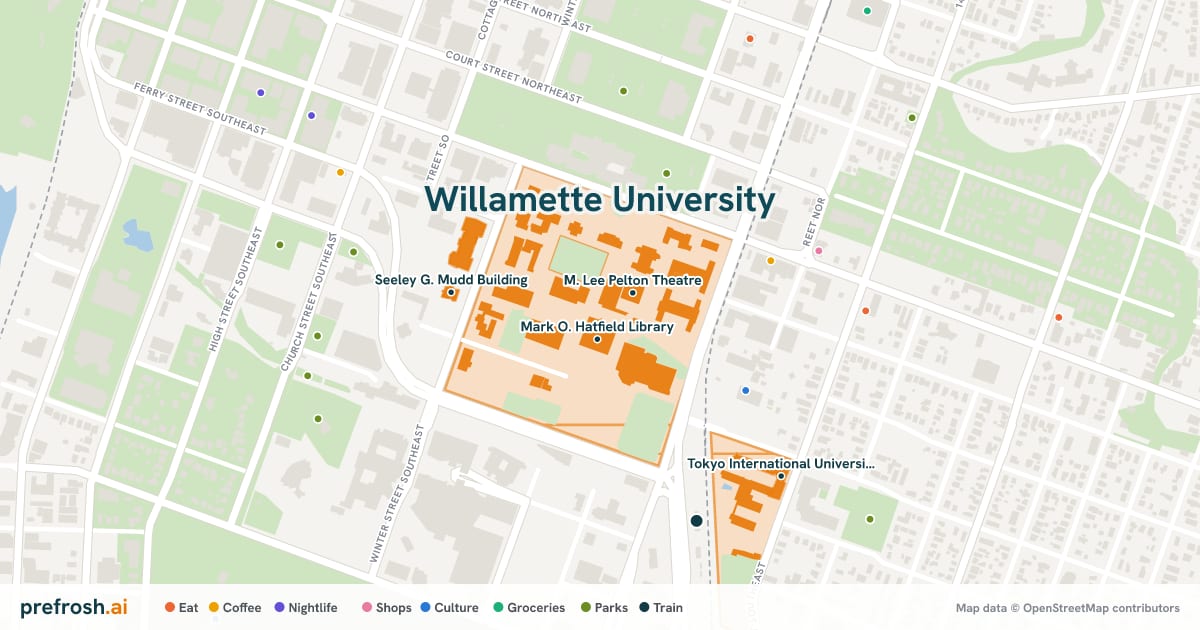 Campus map of Willamette University in Salem, OR, showing Mark O. Hatfield Library, M. Lee Pelton Theatre, School of Computing and Information Sciences and Seeley G. Mudd Building, with nearby restaurants, coffee and shops