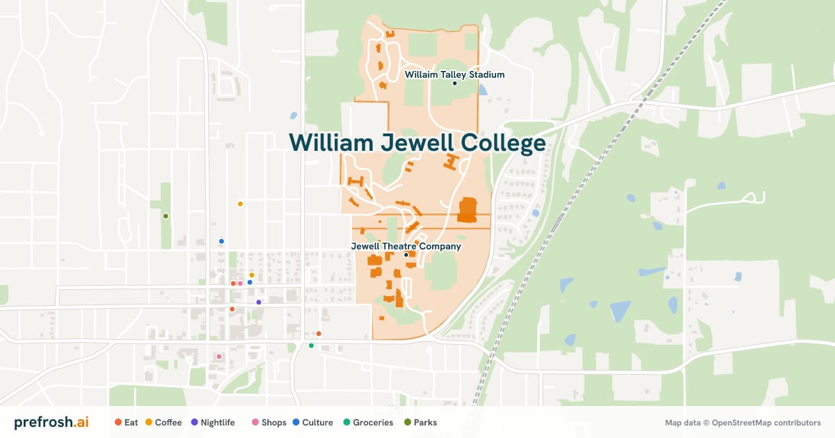 Campus map of William Jewell College in Liberty, MO, showing Jewell Theatre Company and Pillsbury Music Center, with nearby restaurants, coffee and shops