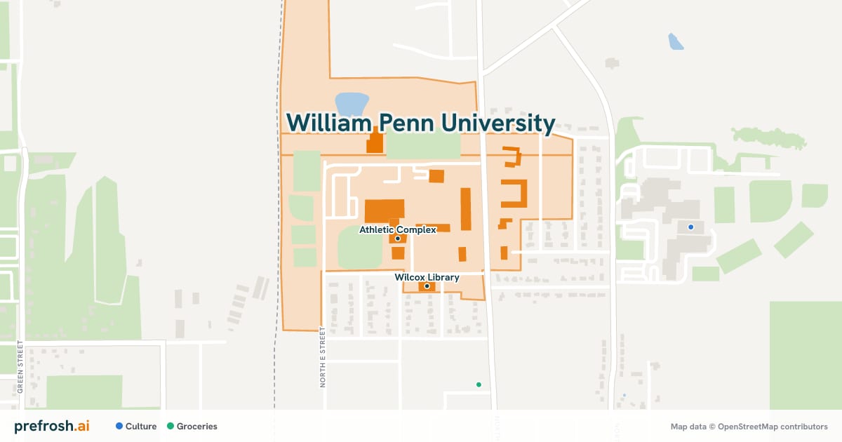 Campus map of William Penn University in Oskaloosa, IA, showing Athletic Complex and Ron Randleman Fitness Center, with nearby restaurants, coffee and shops