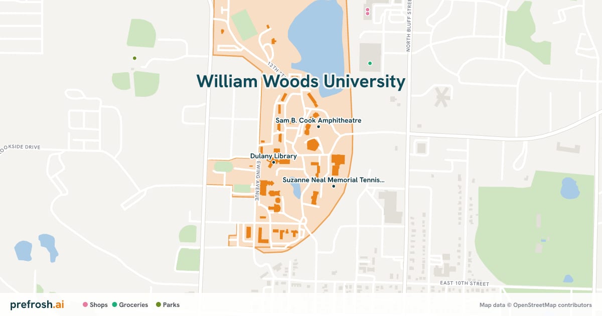 Campus map of William Woods University in Fulton, MO, showing Dulany Library, Sam B. Cook Amphitheatre and Helen Stephens Sports Complex, with nearby restaurants, coffee and shops