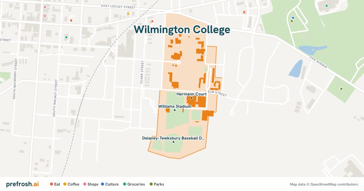 Campus map of Wilmington College in Wilmington, OH, showing Hermann Court, Williams Stadium and Delaney–Tewksbury Baseball Diamond, with nearby restaurants, coffee and shops