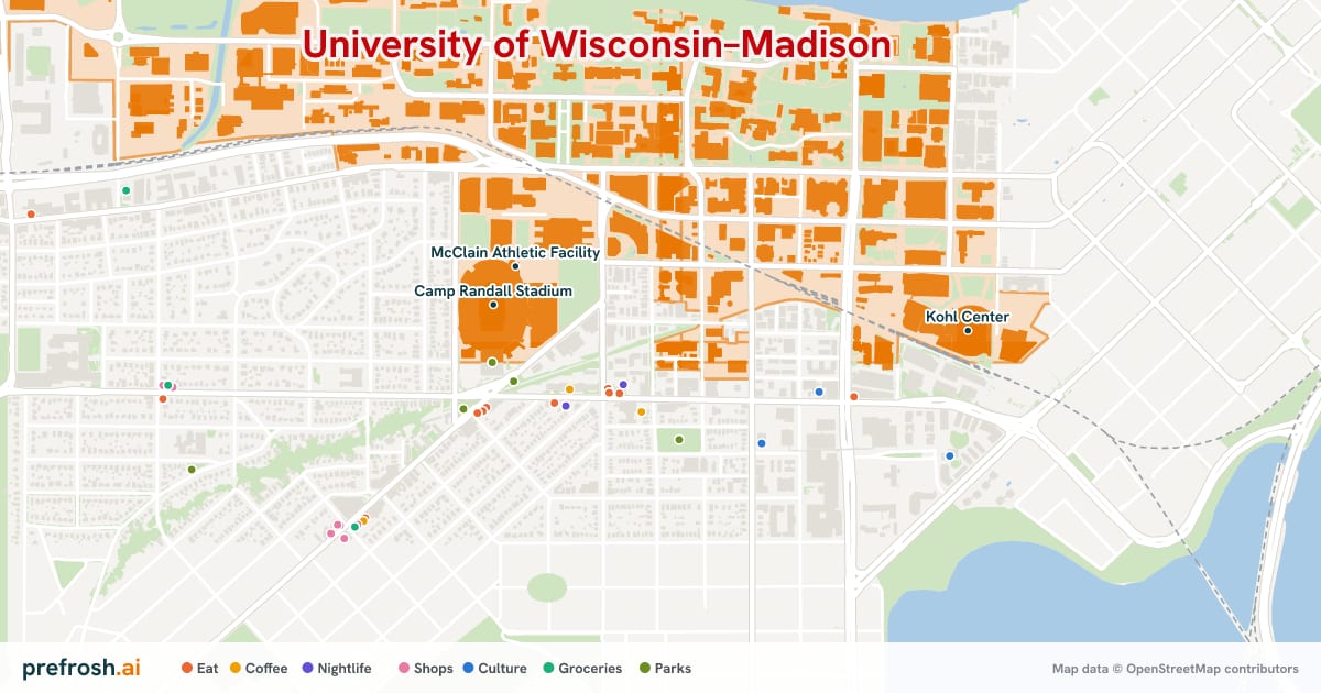 Campus map of University of Wisconsin–Madison in Madison, WI, showing McClain Athletic Facility, Steenbock Memorial Library and UW Geology Museum, with nearby restaurants, coffee and shops