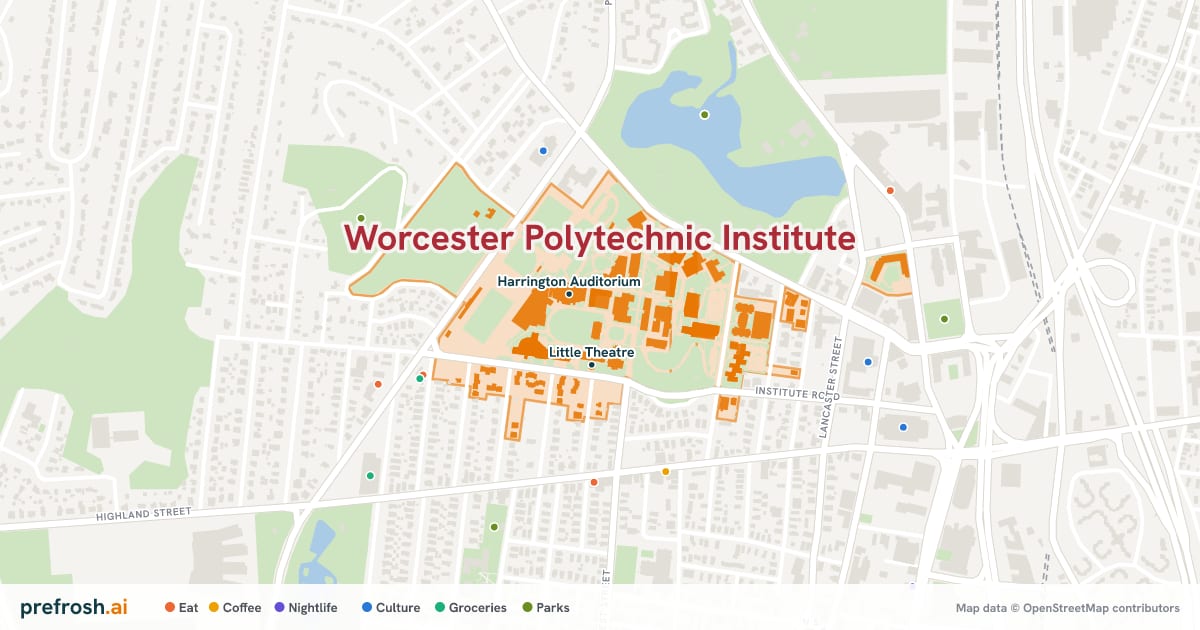 Campus map of Worcester Polytechnic Institute in Worcester, MA, showing Harrington Auditorium and Little Theatre, with nearby restaurants, coffee and shops