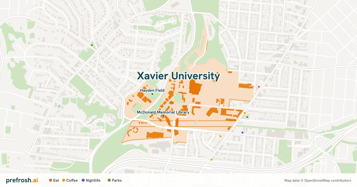 Campus map of Xavier University in Cincinnati, OH, showing Cintas Center and Hayden Field, with nearby restaurants, coffee and shops