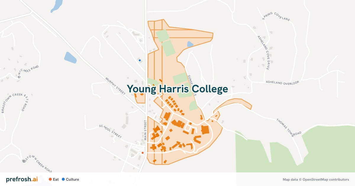 Campus map of Young Harris College in Young Harris, GA, with nearby restaurants, coffee and shops